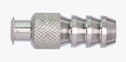 A1245 Female Luer to .343" OD Barb (3/8" round body, knurled)